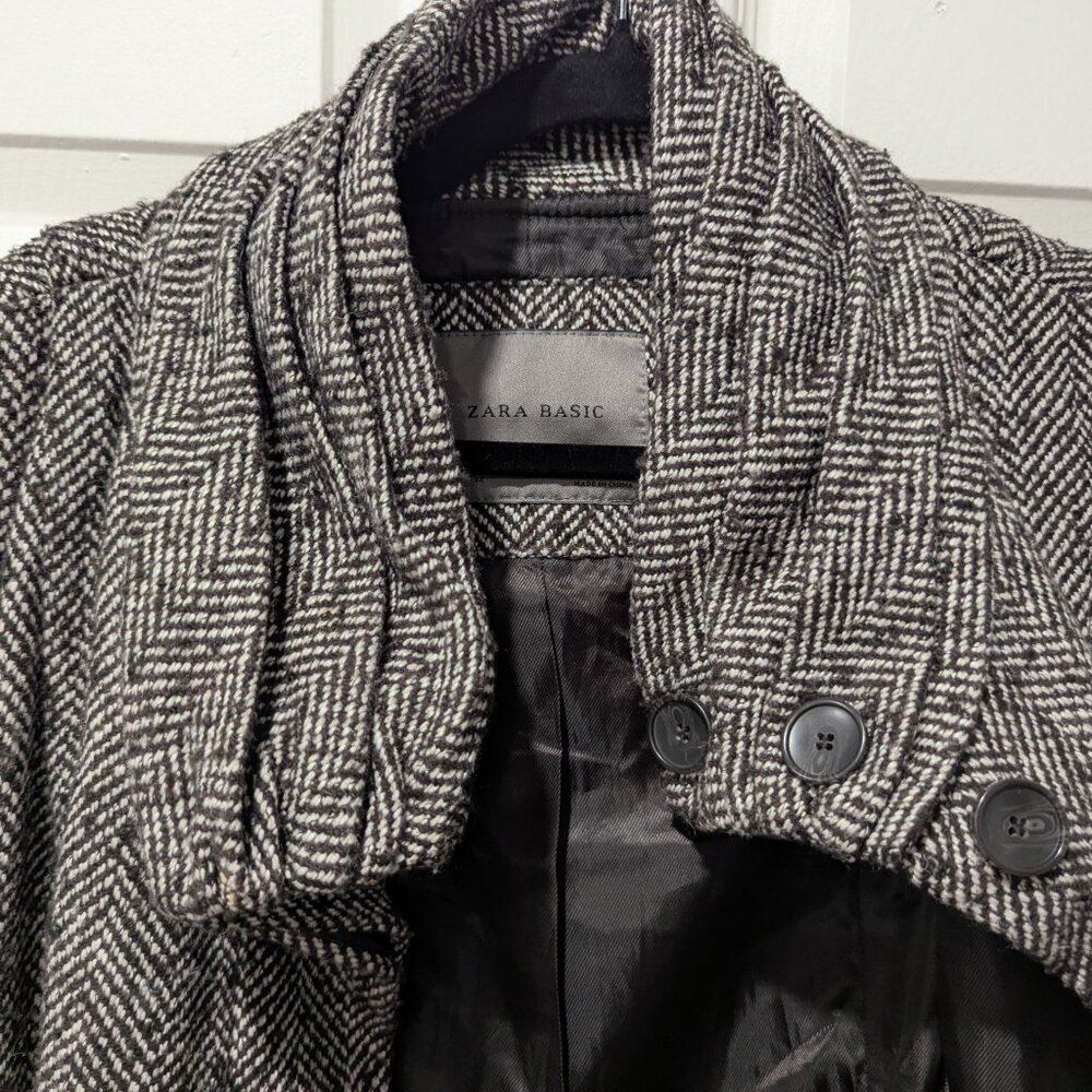 Zara Basic Herringbone Wool-Blend Belted Coat Gra… - image 7